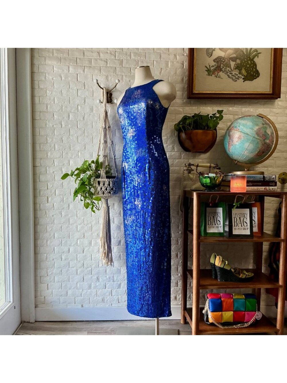 Vintage 1990s Y2K Royal Blue Sequin Halter Dress Gown + Cut-Out Back